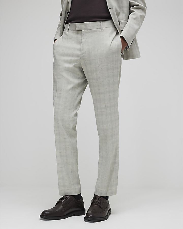 Beige Skinny Fit Check Suit Trousers