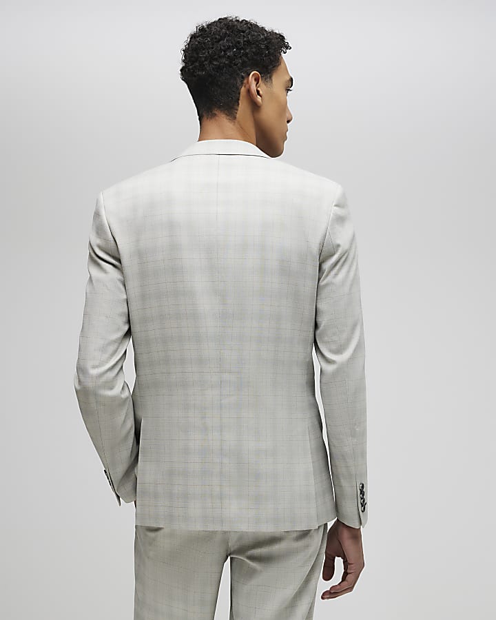 Beige Skinny Fit Check Suit Jacket