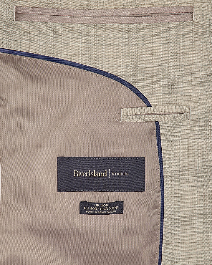 Beige Skinny Fit Check Suit Jacket