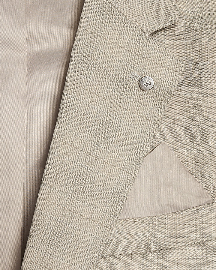 Beige Skinny Fit Check Suit Jacket