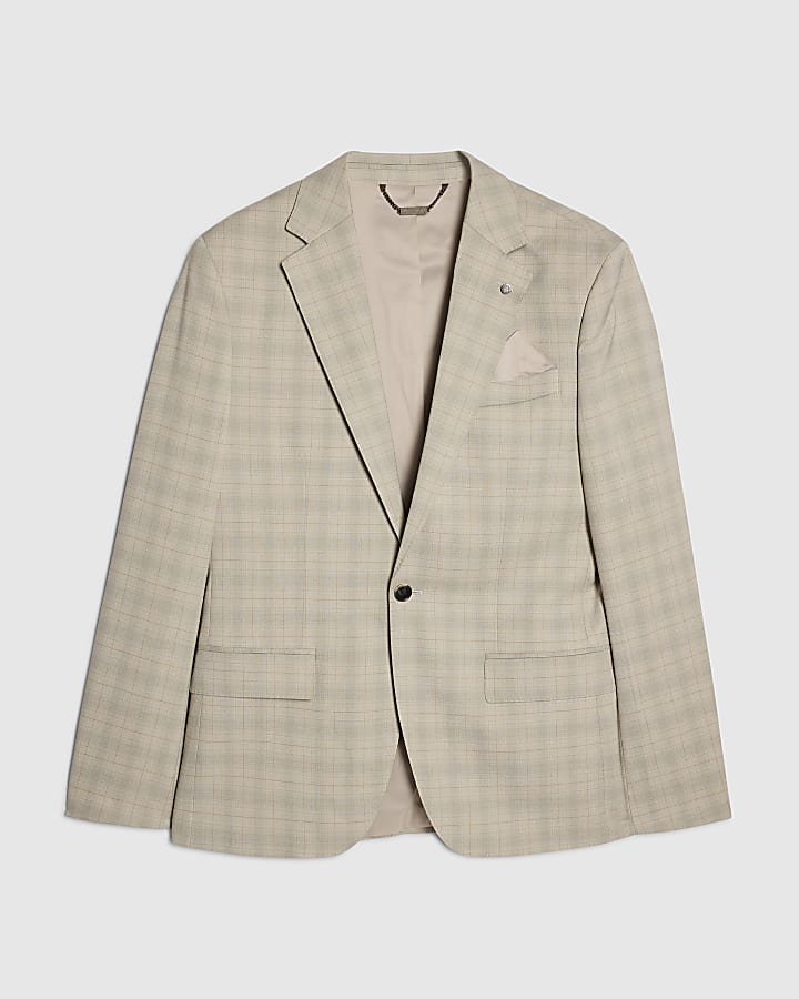 Beige Skinny Fit Check Suit Jacket