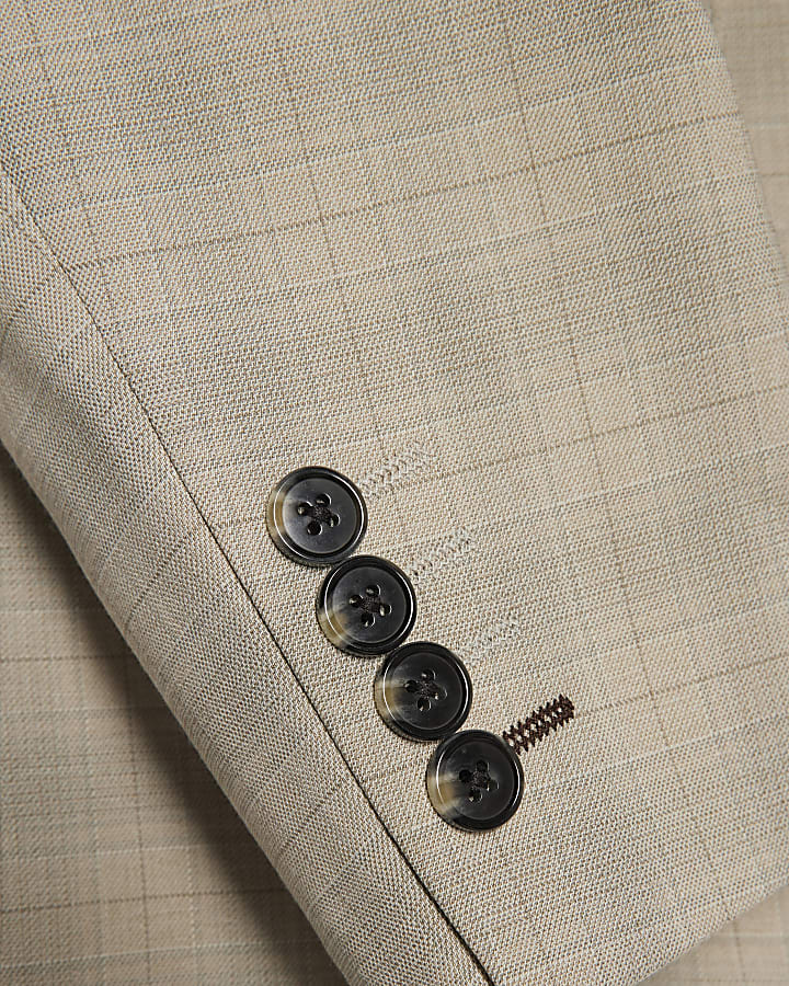 Beige Skinny Fit Check Suit Jacket