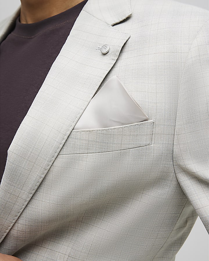 Beige Skinny Fit Check Suit Jacket