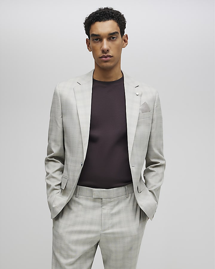 Beige Skinny Fit Check Suit Jacket