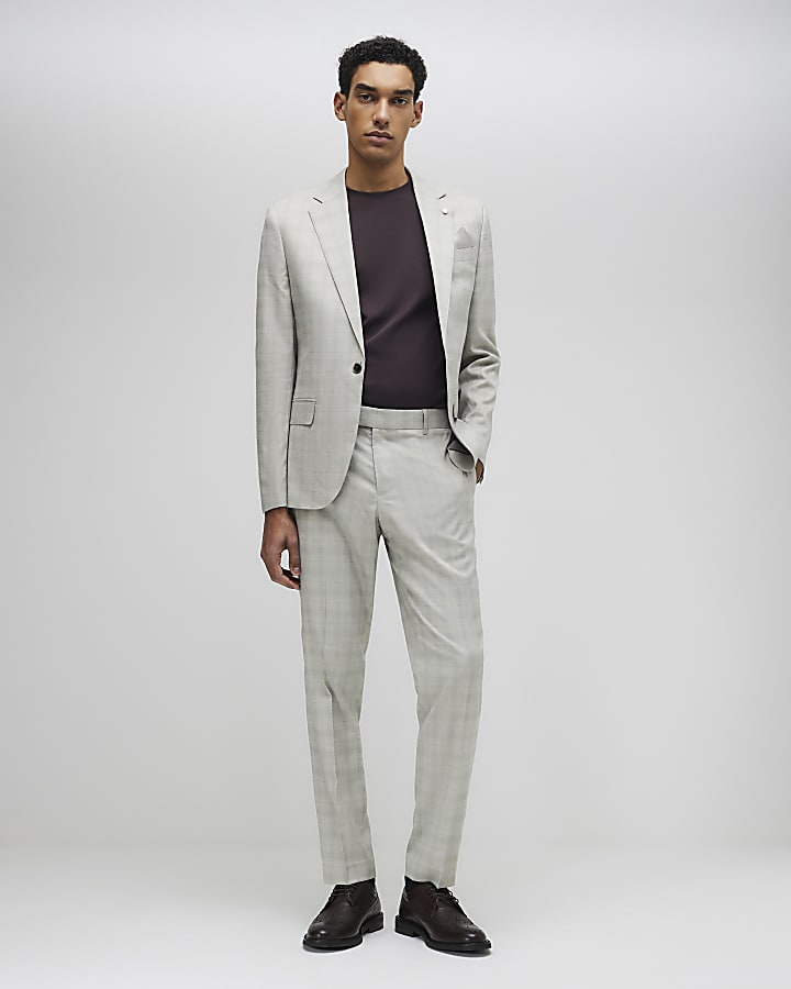 Beige Skinny Fit Check Suit Jacket