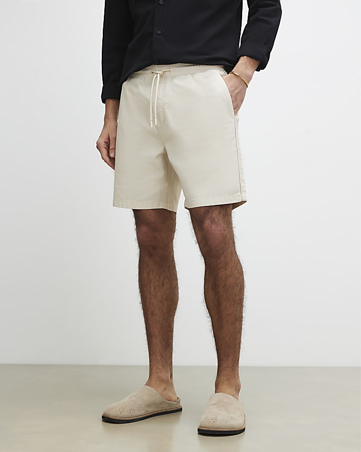 Beige Regular Fit Cross Hatch Shorts