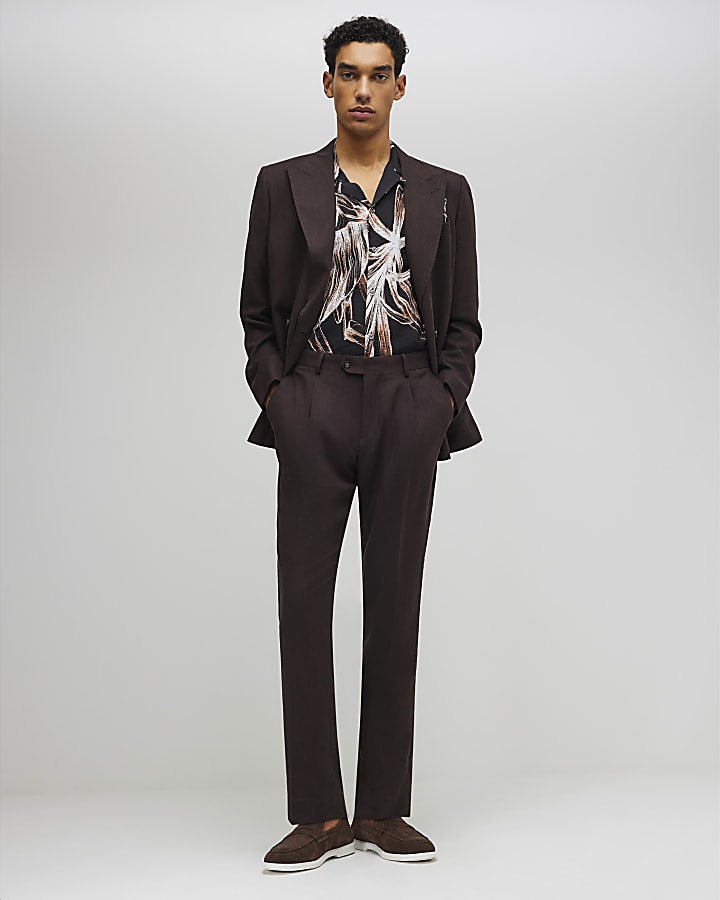 Brown Slim Fit Linen Blend Trousers