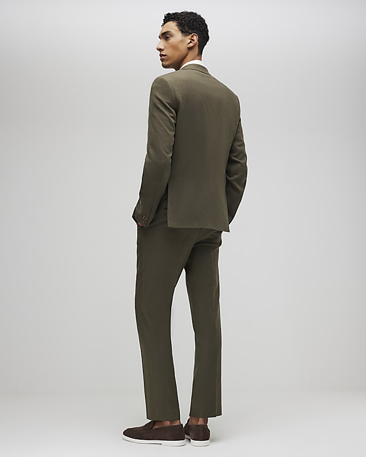 Khaki Slim Fit Linen Blend Suit Trousers