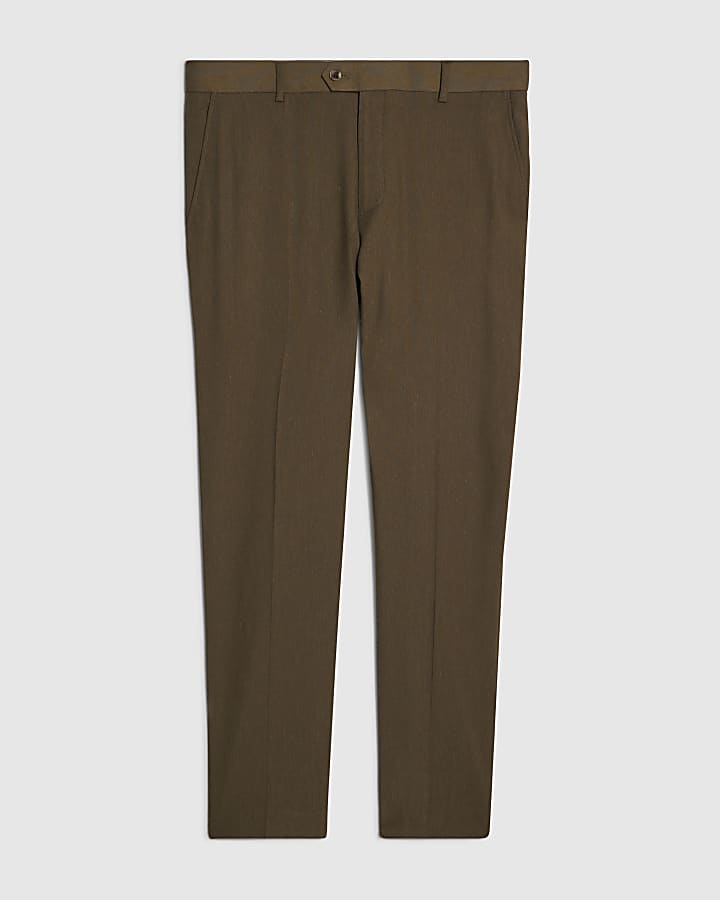 Khaki Slim Fit Linen Blend Suit Trousers