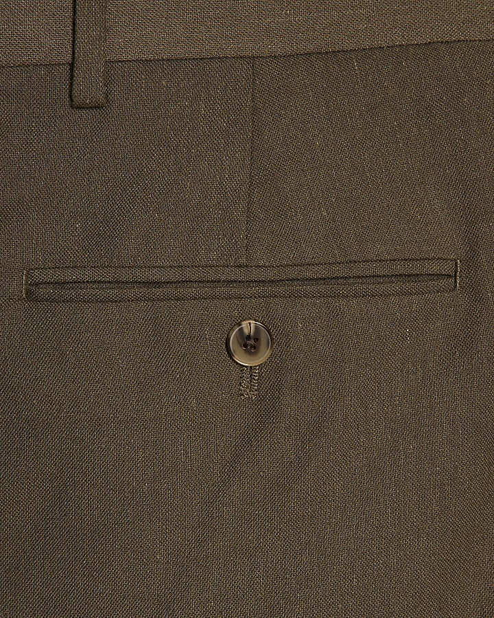 Khaki Slim Fit Linen Blend Suit Trousers