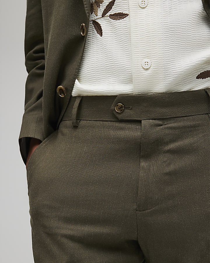 Khaki Slim Fit Linen Blend Suit Trousers