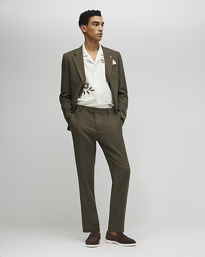 Khaki Slim Fit Linen Blend Suit Trousers