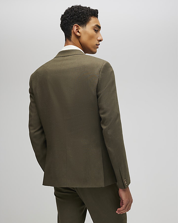Khaki Slim Fit Linen Blend Suit Blazer Jacket