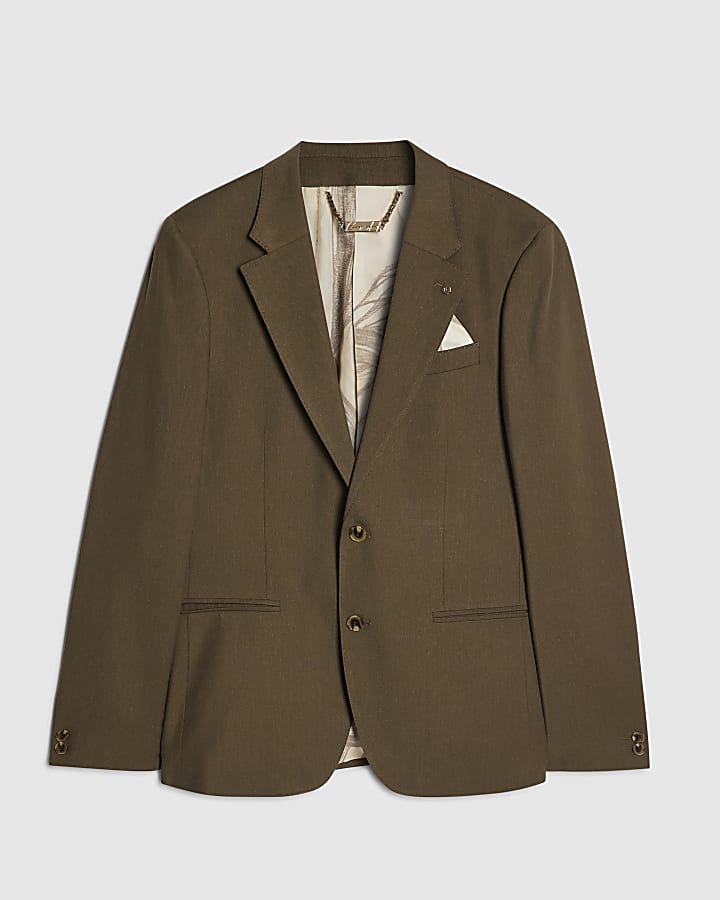 Khaki Slim Fit Linen Blend Suit Blazer Jacket