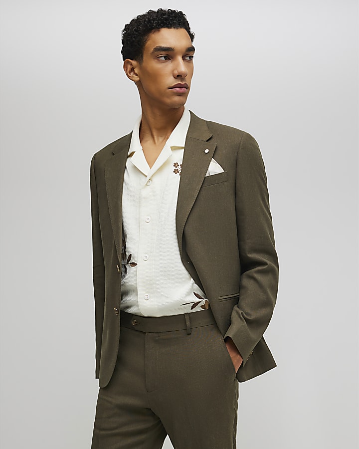 Khaki Slim Fit Linen Blend Suit Blazer Jacket