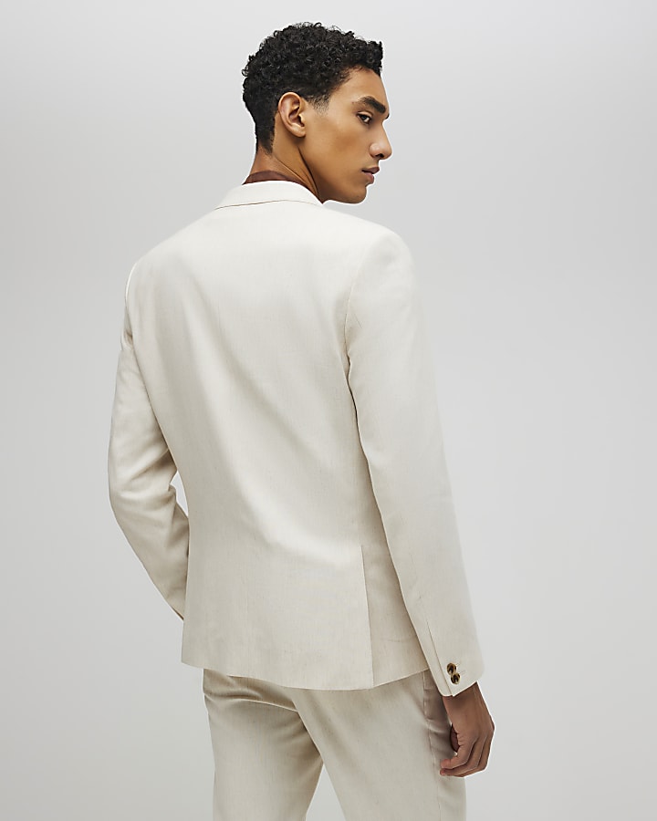 Cream Slim Fit Linen Blend Suit Blazer Jacket