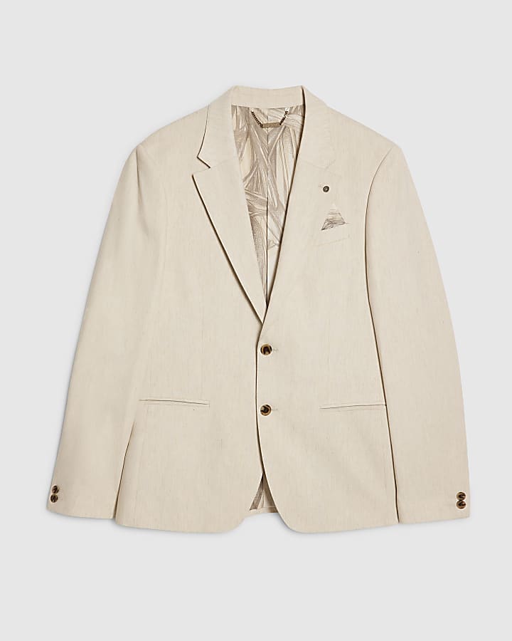 Cream Slim Fit Linen Blend Suit Blazer Jacket