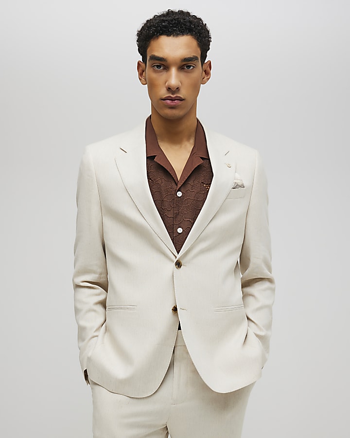 Cream Slim Fit Linen Blend Suit Blazer Jacket