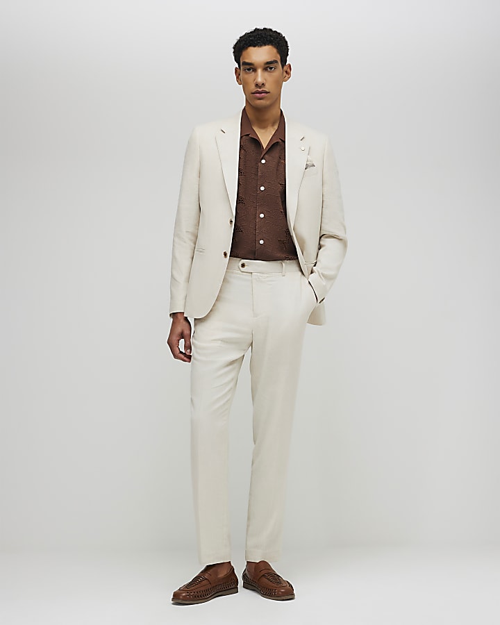 Cream Slim Fit Linen Blend Suit Blazer Jacket