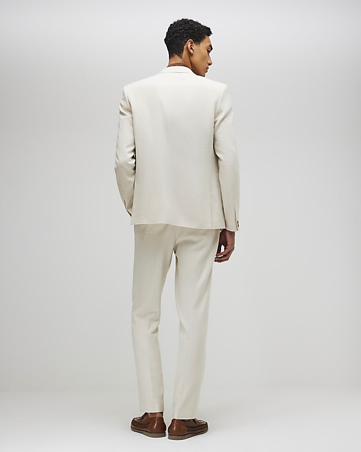 Cream Slim Fit Linen Blend Suit Trousers