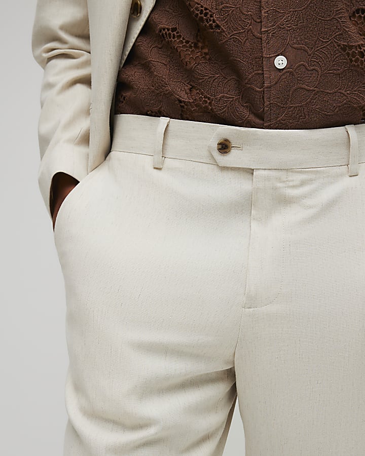 Cream Slim Fit Linen Blend Suit Trousers