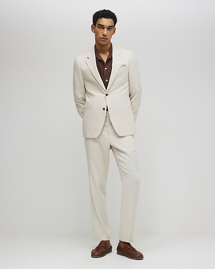 Cream Slim Fit Linen Blend Suit Trousers