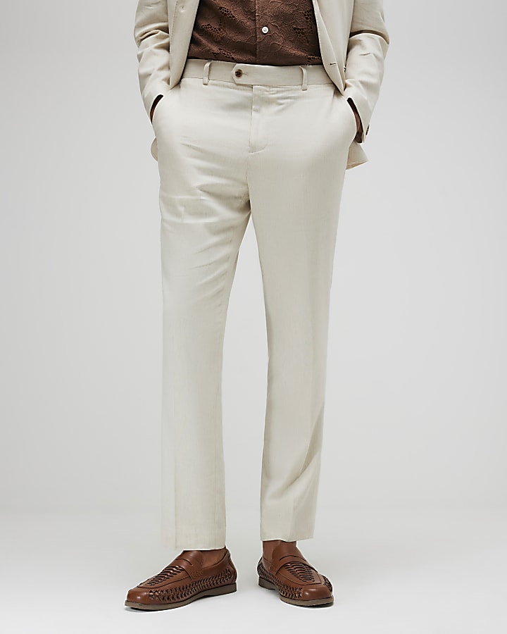 Cream Slim Fit Linen Blend Suit Trousers