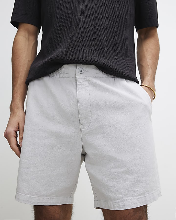 Grey Regular Fit Linen Pull On Shorts