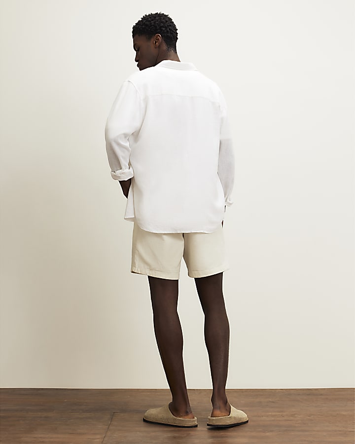 Beige Linen Blend Pull On Shorts