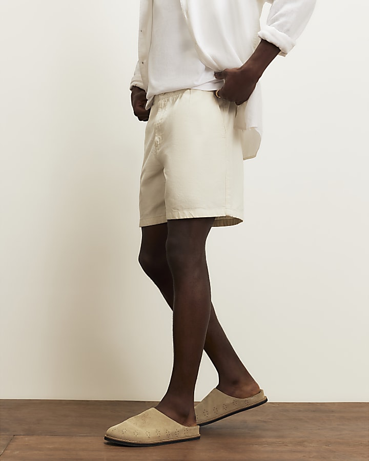 Beige Linen Blend Pull On Shorts