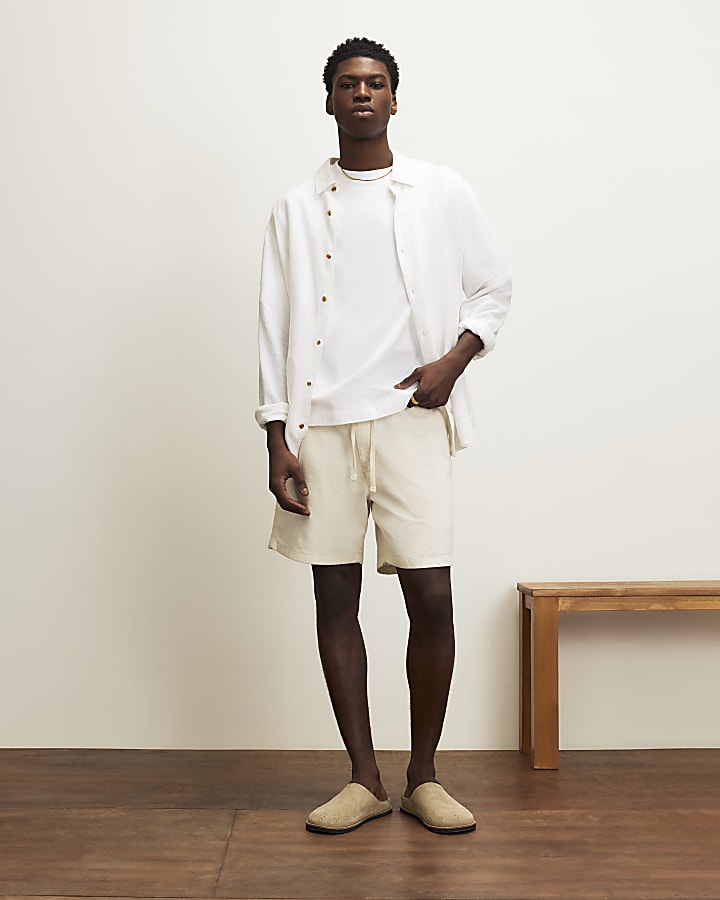 Beige Linen Blend Pull On Shorts
