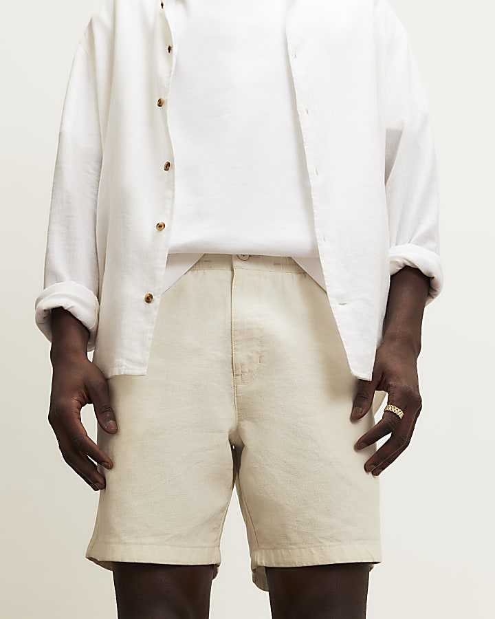 Beige Linen Blend Pull On Shorts