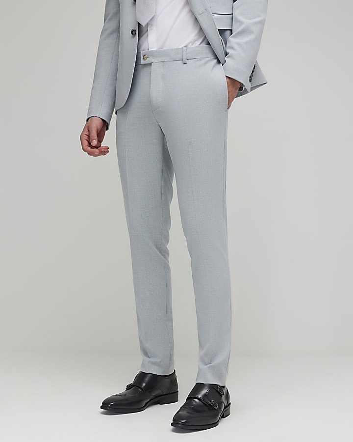 Blue Skinny Fit Micro Check Suit Trousers