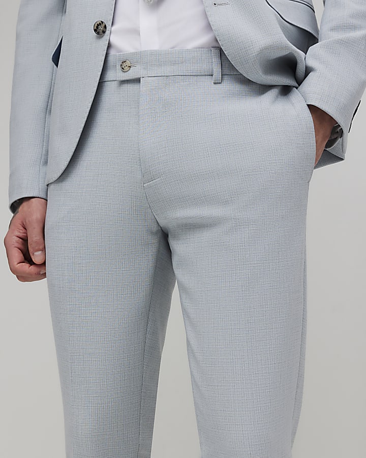 Blue Skinny Fit Micro Check Suit Trousers