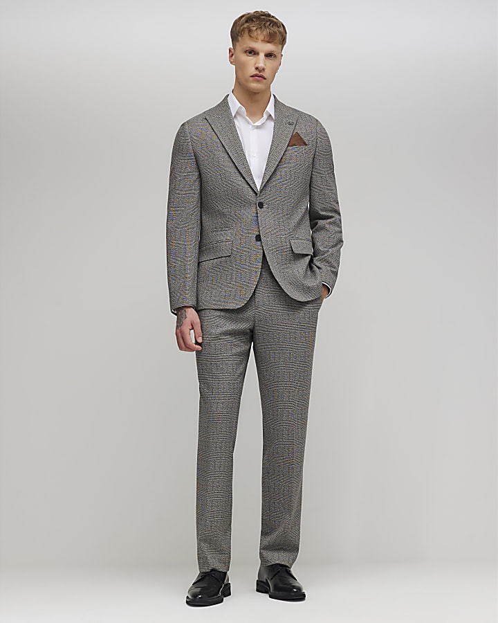 Grey Slim Fit Check Suit Jacket