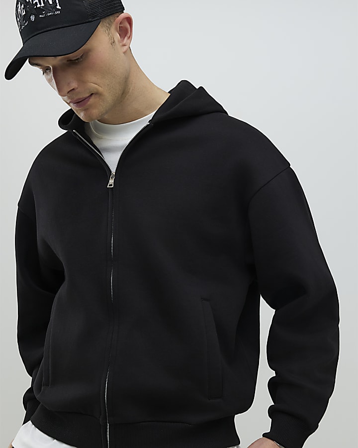 Black Oversized Fit Zip Through Hoodie