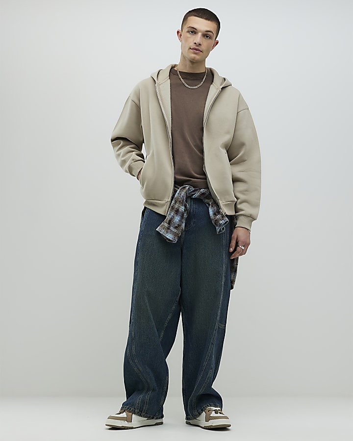 Beige Oversized Fit Zip Through Hoodie