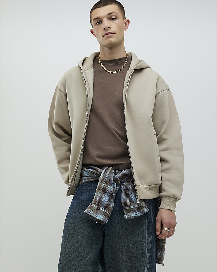 Beige Oversized Fit Zip Through Hoodie