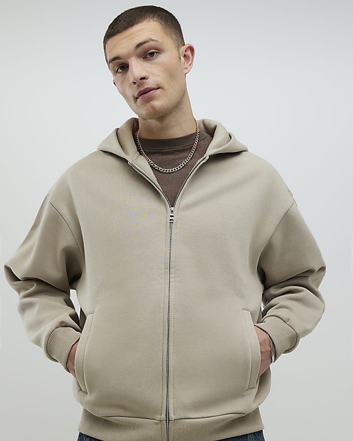 Beige Oversized Fit Zip Through Hoodie
