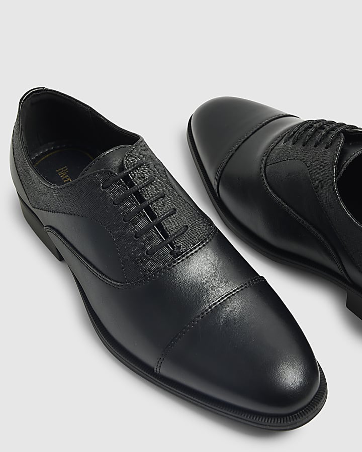 Black Faux Leather Textured Lace Up Shoes