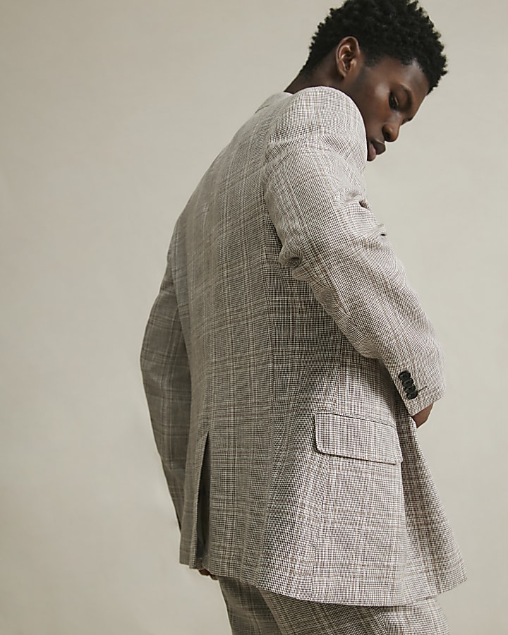 Beige Slim Fit Linen Blend Check Jacket