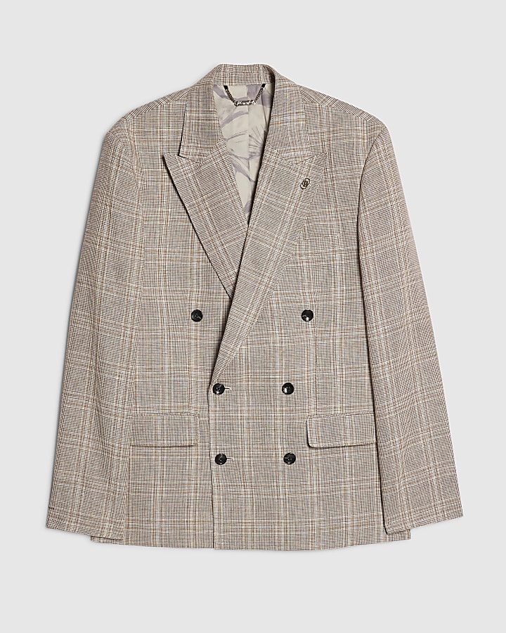 Beige Slim Fit Linen Blend Check Jacket