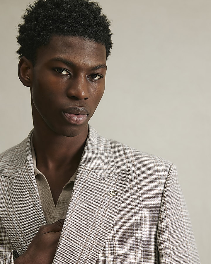 Beige Slim Fit Linen Blend Check Jacket