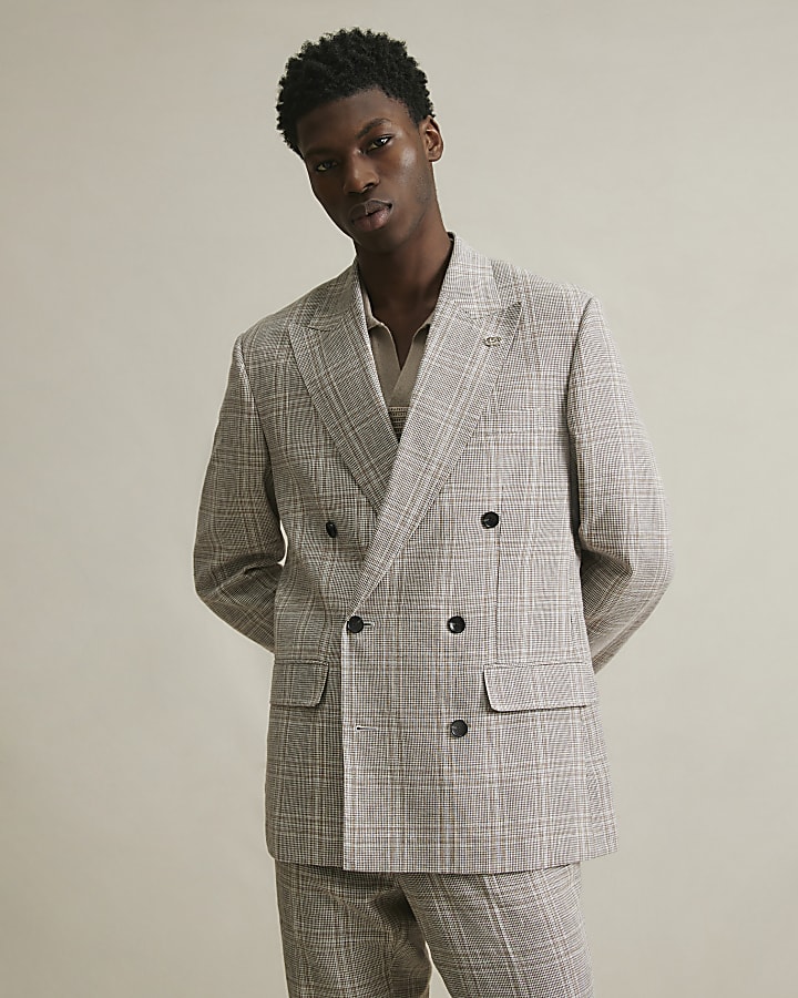 Beige Slim Fit Linen Blend Check Jacket