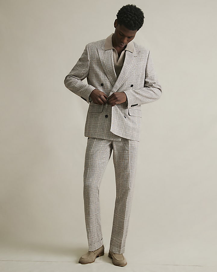 Beige Slim Fit Linen Blend Check Jacket