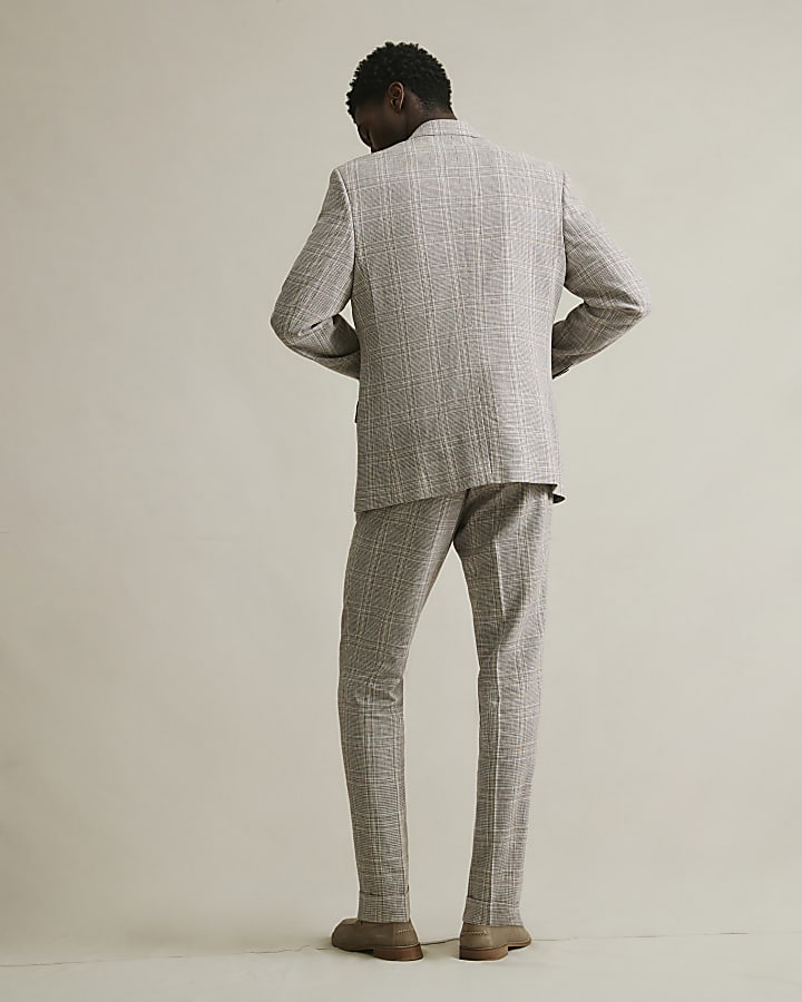 Beige Slim Fit Linen Blend Check Trousers