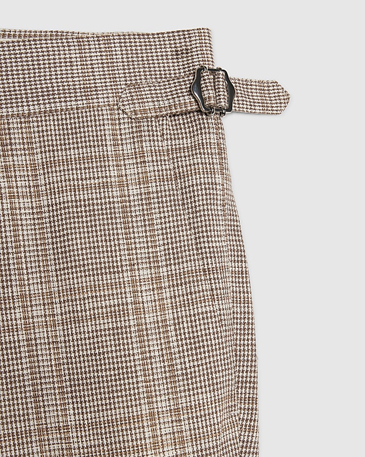 Beige Slim Fit Linen Blend Check Trousers