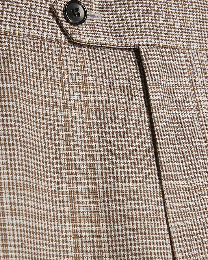 Beige Slim Fit Linen Blend Check Trousers