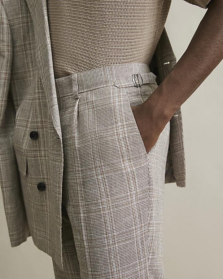 Beige Slim Fit Linen Blend Check Trousers