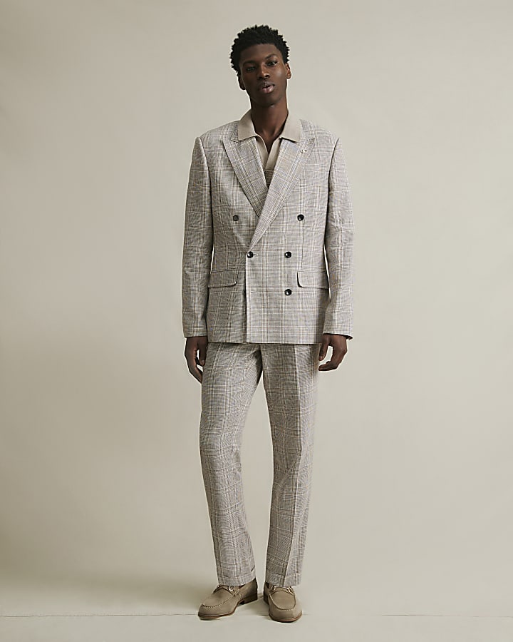 Beige Slim Fit Linen Blend Check Trousers